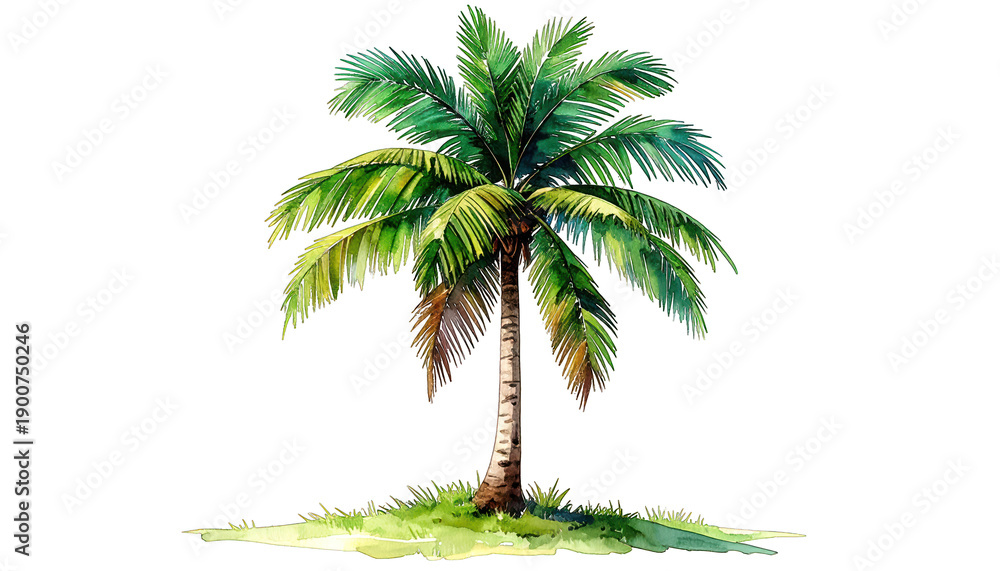 Obraz premium Watercolor rendering of a tropical palm tree with lush green fronds on black backdrop