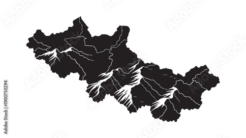 Mountainous terrain silhouette with snowy peaks in dramatic monochrome style on white background for geography illustration