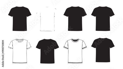Collection of black and white t-shirts in various styles and designs.