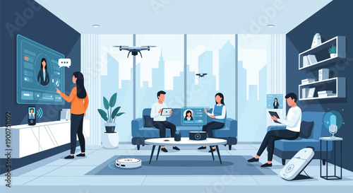 Smart Home Technology and Futuristic Living Room with Drones and AI Assistants