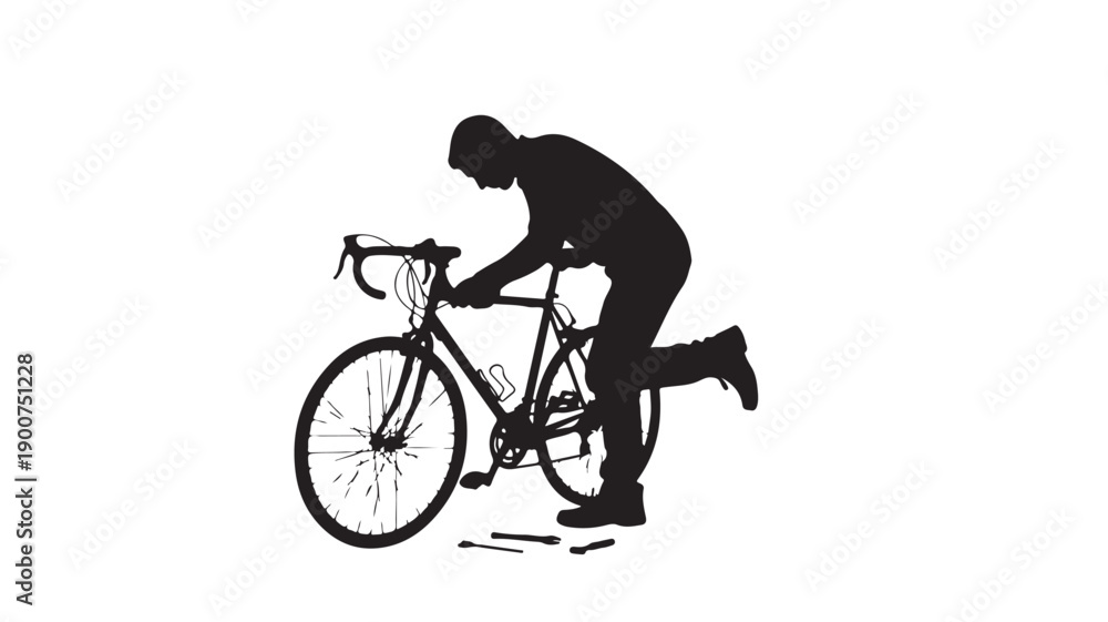 Obraz premium Silhouette of a cyclist riding a bicycle with one knee on the ground.