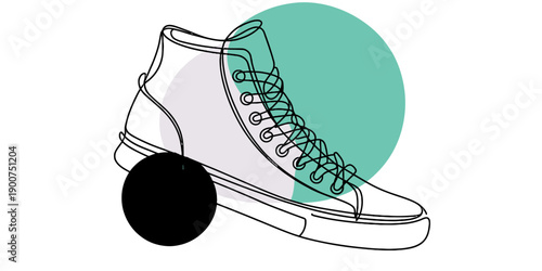 Minimalist line art illustration of a high-top sneaker with abstract colorful circles