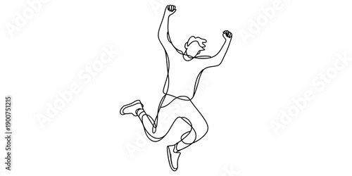 Line drawing of a happy man jumping in the air with his arms raised high in celebration