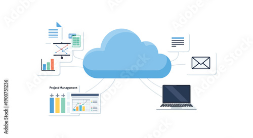 Cloud computing concept with data analytics and laptop connected via network, illustrating digital transformation and online services