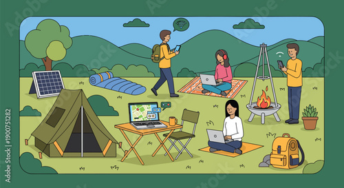 People enjoying outdoor activities, using laptops and smartphones, with camping gear and nature elements in a flat, 2D vector illustration style