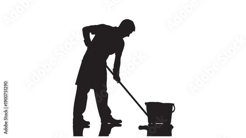 Silhouette of a person vacuuming the floor with a vacuum cleaner.