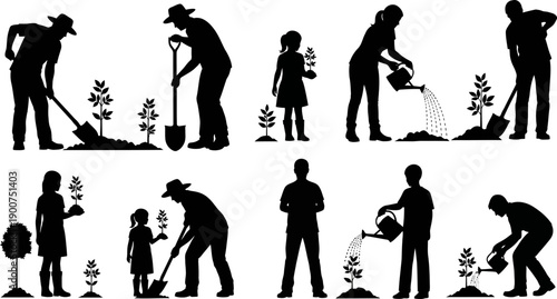Silhouettes of people planting and watering trees, engaging in gardening activities