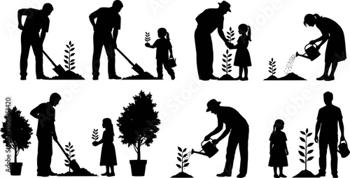 Silhouettes of people planting, digging, and watering trees and saplings, illustrating gardening activities.
