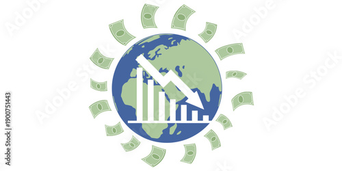 Illustration of a global financial crisis with a globe surrounded by money and a down chart.