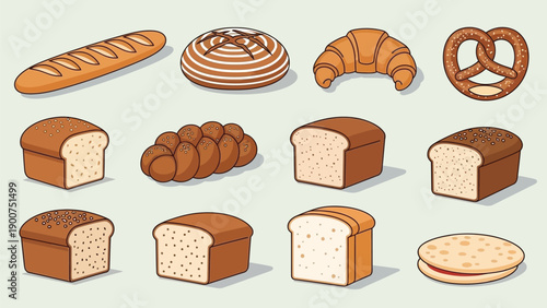 Collection of various freshly baked bread and pastry items, including loaves, baguettes, pretzels, and croissants, perfect for culinary themes