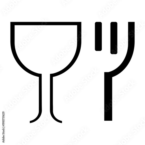 Black and white icon symbolizing food grade material, with a glass and a fork and knife.