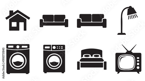 Home appliances and furniture icons set in black and white.