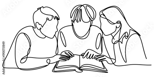 Continuous line drawing of three students studying together around an open book on a table.