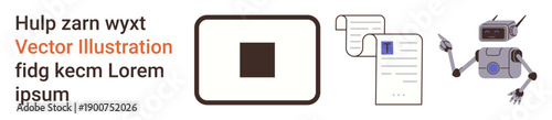 Technology, digital data, automation, document processing, QR code scanning, robotics. A robot gestures towards documents and a QR code. Technology and digital data
