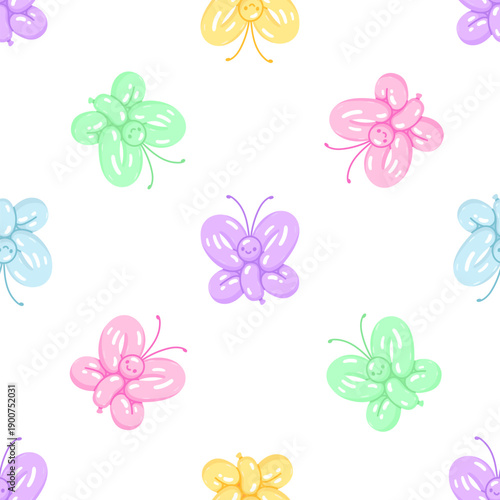Colorful seamless pattern with butterfly balloons. Twisted helium latex balloons. Happy toy with positive face expression. Holiday party background