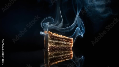 A slice of multi-layered dessert with detailed texture, surrounded by wisps of blue smoke
