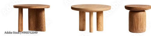 Three simple wooden round tables with three legs