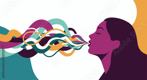 Abstract Woman Singing with Flowing Sound Waves and Colorful Voice Illustration
