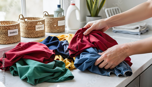 Hands sorting colorful laundry at home near window with plants  