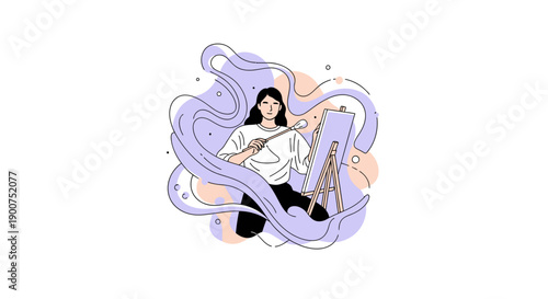 Female artist painting on canvas with brush. Vector illustration of creative woman, art easel, and abstract purple flow background