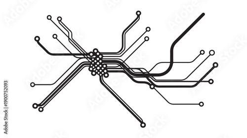 Complex network of interconnected lines and nodes.