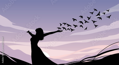 Woman silhouette with open arms releasing flying birds. Vector freedom and hope concept illustration at sunset nature background