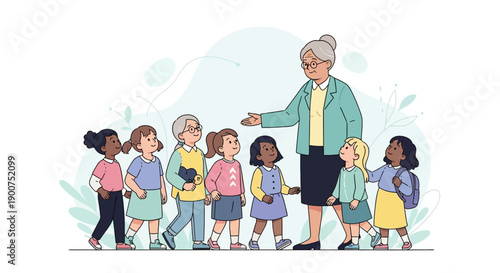 Senior female teacher guiding diverse students walking in line. Elderly woman mentor with happy school children group. Vector education and field trip illustration