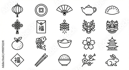 essential Chinese New Year elements icon set