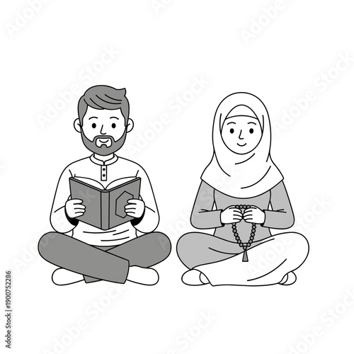 Cute cartoon illustration of a boy and girl reading a book together