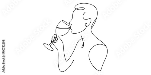 Minimalist continuous line drawing of a person drinking wine from a glass on a white background