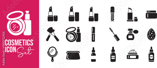 Set of Minimalist Cosmetics Icons and Beauty Product Silhouettes Featuring Diverse Makeup Skincare and Professional Fragrance Graphic Elements