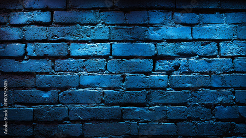 close-up of a rugged brick wall with intense blue neon light