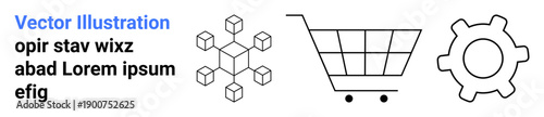 Technology, e-commerce, blockchain, digital tools, innovation, automation. Black line icons of a blockchain network, shopping cart and gear symbol. Blockchain and e-commerce concept