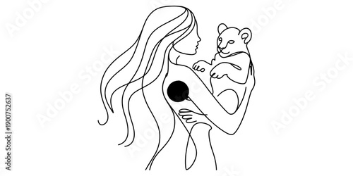 Minimalist line art illustration of a woman with long hair holding a small lion cub