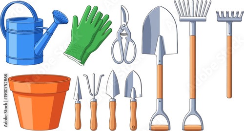 Collection of essential gardening tools and equipment for planting and cultivation