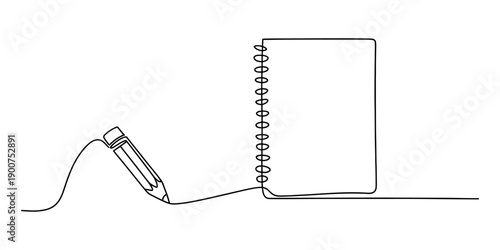 Minimalist single line art illustration of a pencil and a spiral bound notebook.
