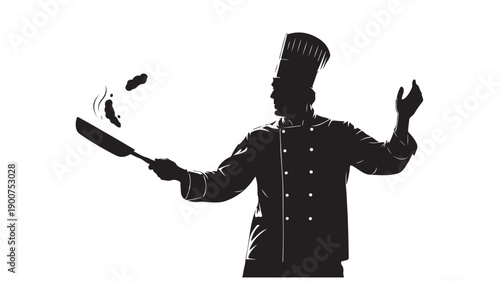 Chef silhouette tossing food in the air with a spatula.