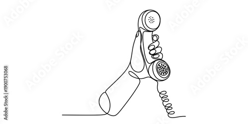 Continuous line drawing of a hand holding a vintage telephone handset with a coiled cord