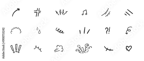 Expressions movement simple doodle hand drawn set. Comic manga effect motion. Expression shapes, anime for character emotion.