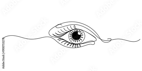 Minimalist single line drawing of a human eye with eyelashes and a dark pupil on white background