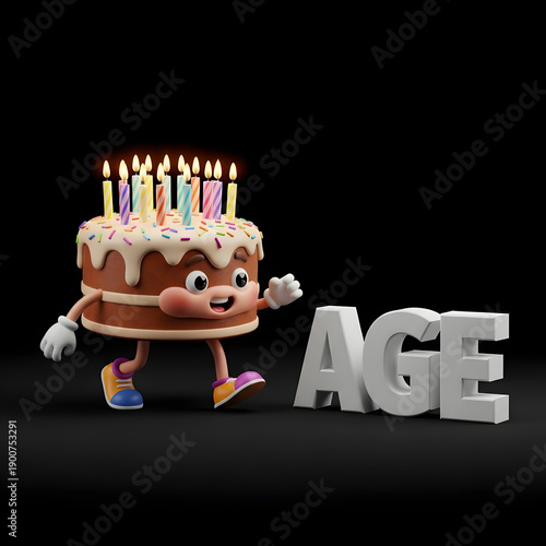 A cartoon cake with candles and legs stands beside the word AGE