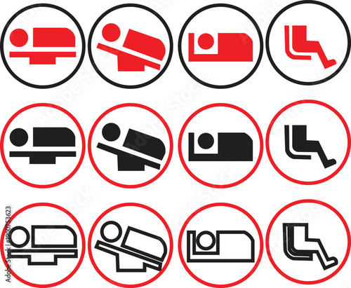 A grid of twelve circular icons illustrating various human reclining and sitting positions, rendered in red, black, and white color schemes.
