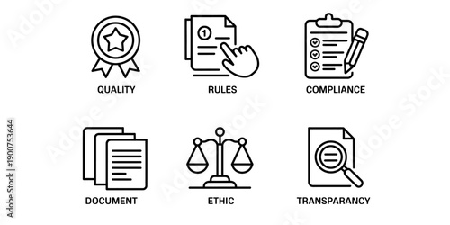 Business compliance and regulation icons set including quality rules and transparency