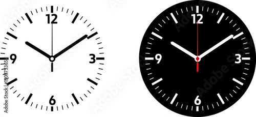 Two Minimalist Analog Clock Faces, White and Black, Displaying Time on a Clean Background