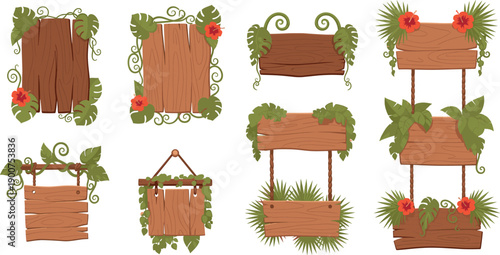 Set of rustic wooden signboards with flowers and vines, decorative blank frames for garden or nature themed designs
