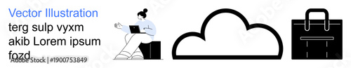 Remote work, cloud storage, digital tools, business solutions, online collaboration, modern technology. Woman working on a laptop, cloud icon briefcase symbol. Remote work and cloud storage concept