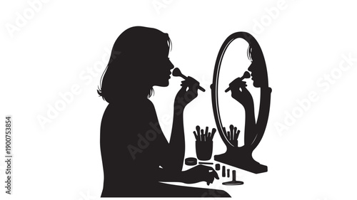 Woman applying makeup in silhouette style with dramatic lighting on white background for beauty blog