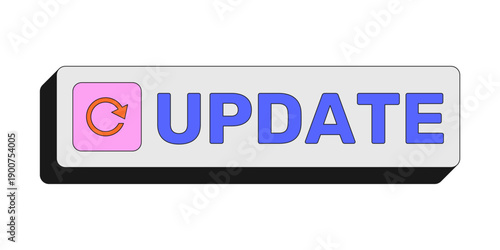 Update rectangular UI web button. Page reload refresh. Sync content. New version. Latest data. Upgrade software. Colorful clickable element. Call to action for social media, streaming. Rubik font used