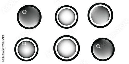 Abstract Camera Lens Icons: Three Stylish Black Circular Designs Vector