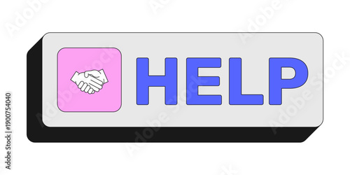 Help rectangular UI web button. Assistance request. Customer support. User guidance. Website faq service. Colorful clickable element. Call to action for social media, streaming. Rubik font used